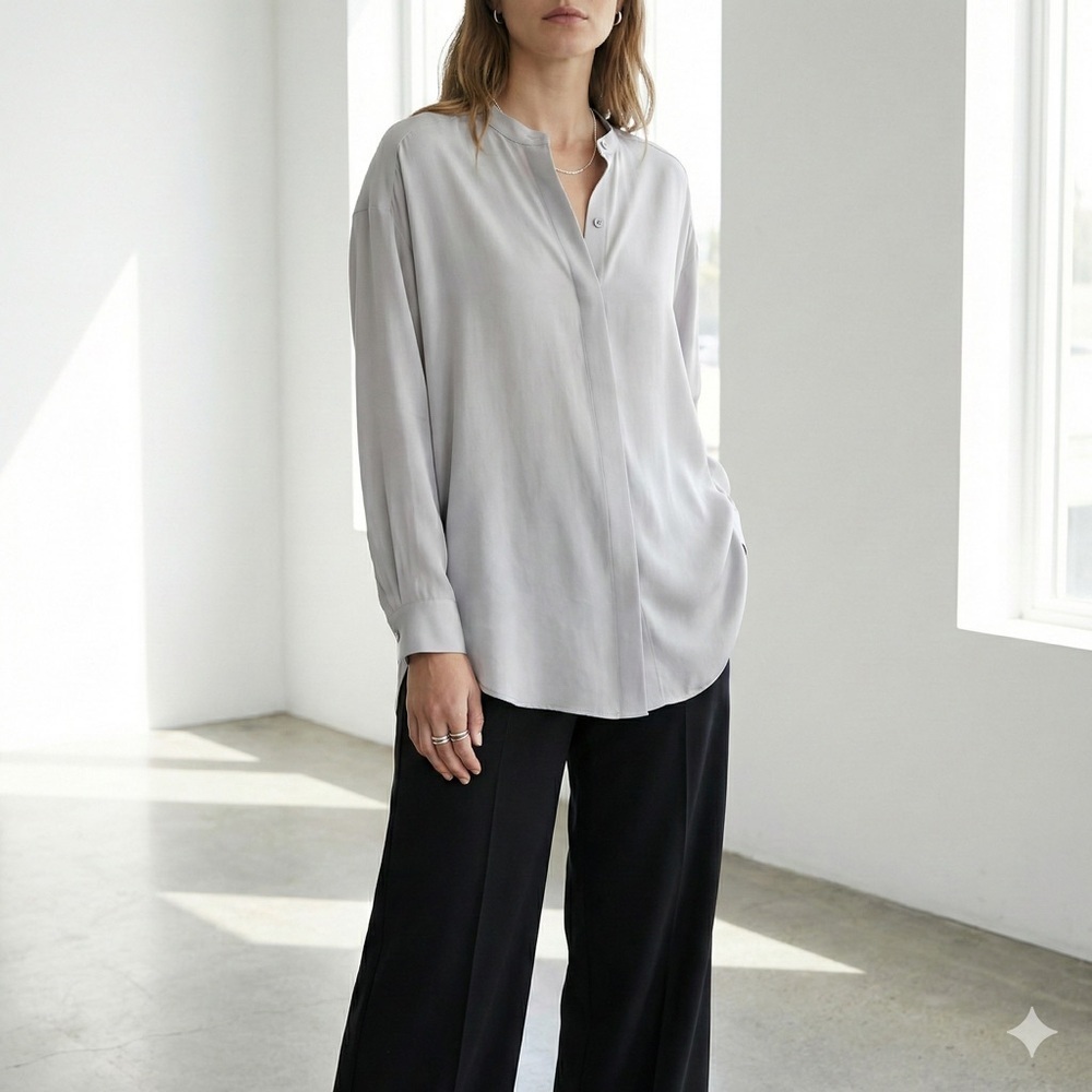 Light Grey 100% Silk Relaxed Band Collar Tunic Blouse Shirt - Medium